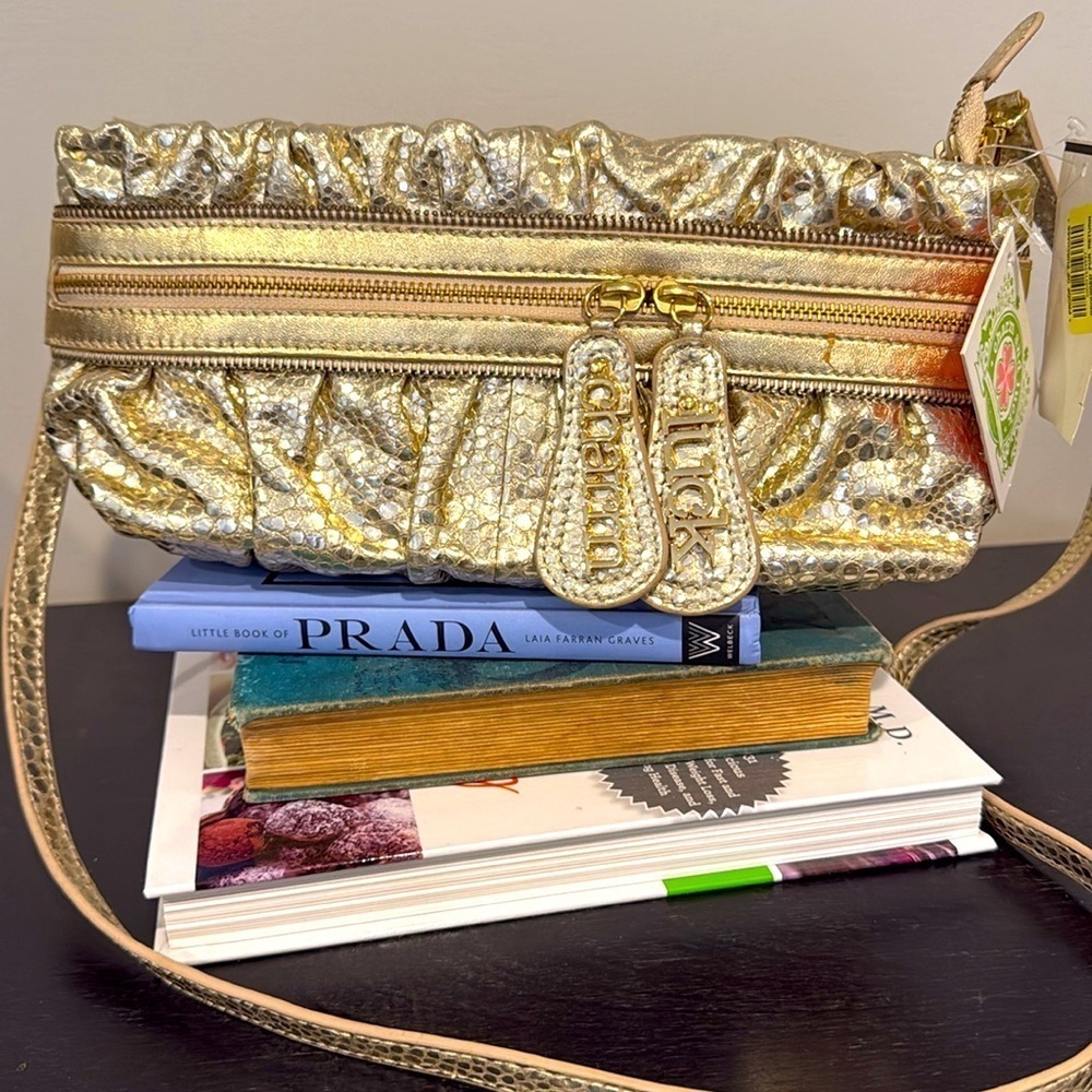 Charm & Luck Gold Metallic Leather Crossbody Clutch Handbag
